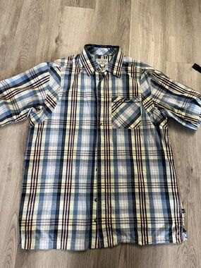 128–Phat Farm Blue White and Maroon Plaid Short-Sleeve Button-Down Shirt